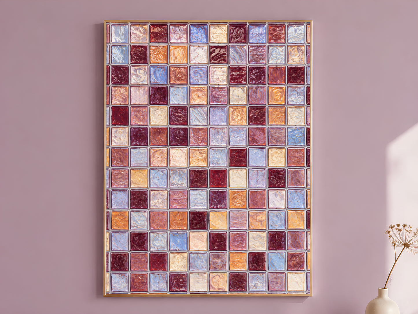 Burgundy, blue, and amber mosaic tile print in a gold frame on a dusty mauve wall, styled with a dried flower stem.
