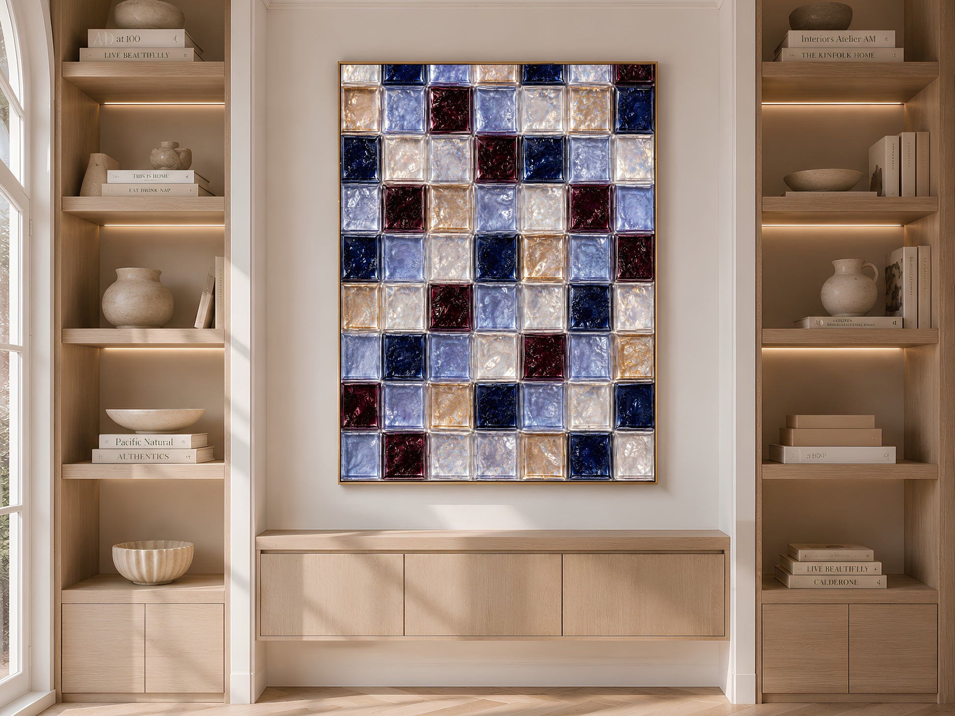 Navy and burgundy tile art framed on built-in shelving with books and decor