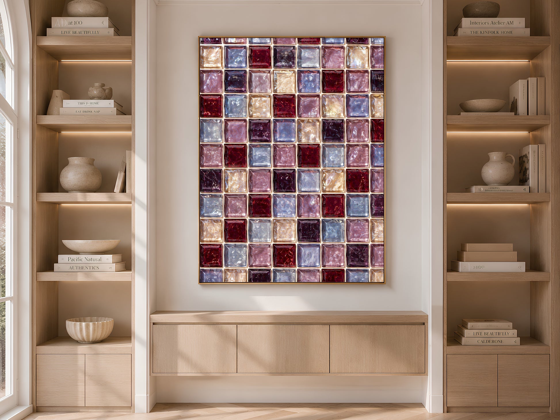 Built-in bookshelf nook with the berry jewel tone mosaic print centered above a low cabinet, flanked by books and ceramics
