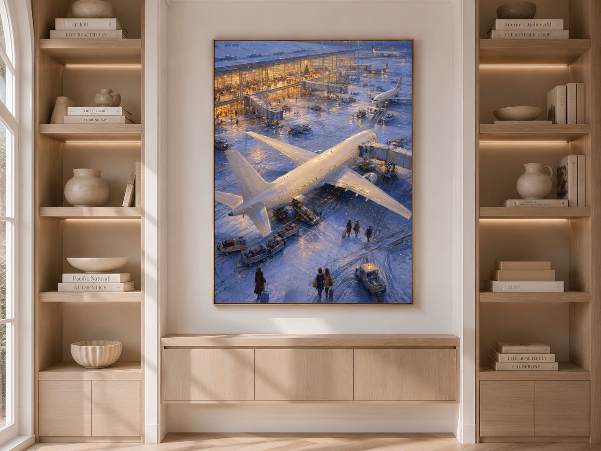 Snowy airport wall art framed on built-in bookshelf in neutral living room