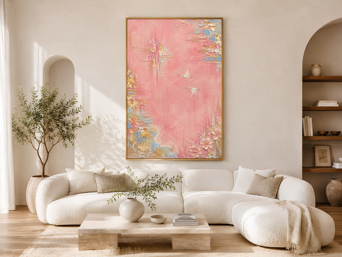 Pink and gold abstract wall art print above cream sofa in living room, textured crane bird painting digital download
