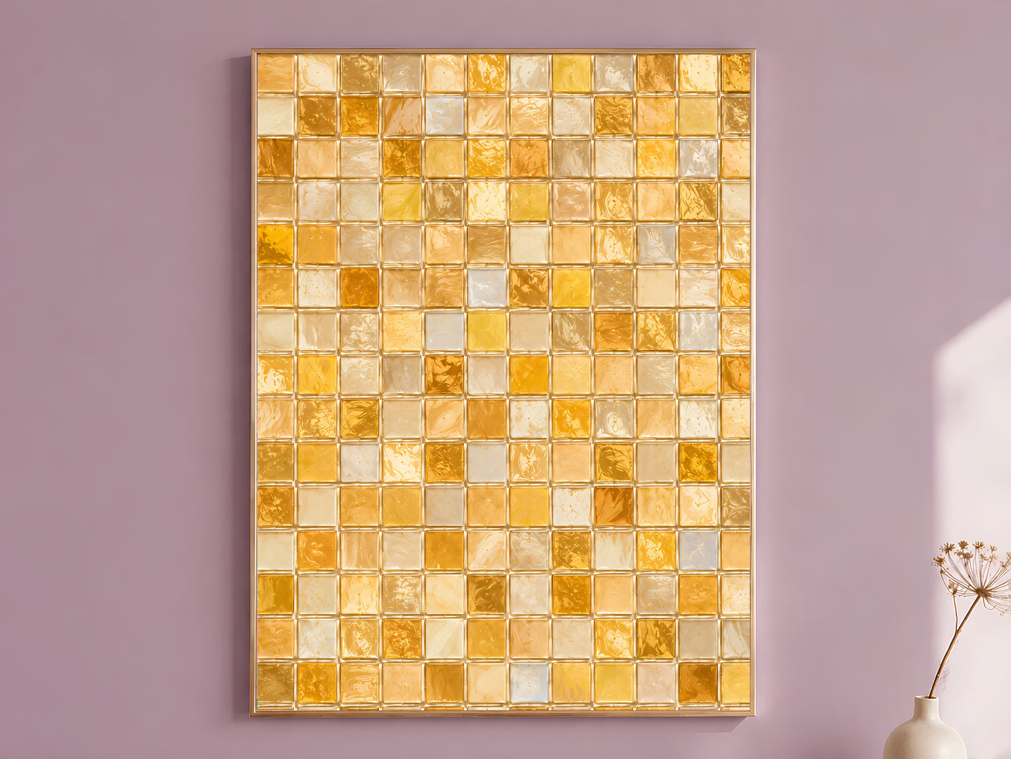 Gold mosaic wall art print in amber and honey glass tile pattern hanging framed on a mauve wall
