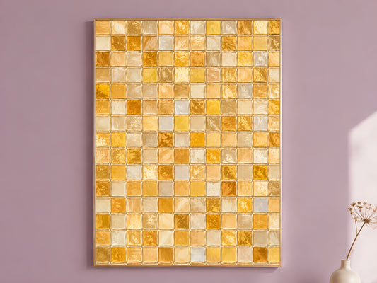 Gold mosaic wall art print in amber and honey glass tile pattern hanging framed on a mauve wall
