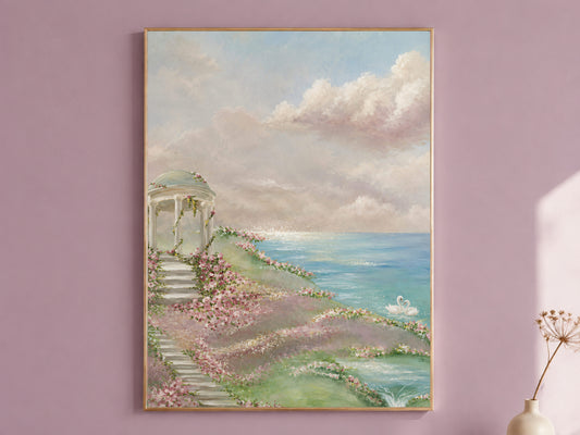 Romantic garden gazebo wall art print in a gold frame, rose staircase coastal painting, mauve wall mockup