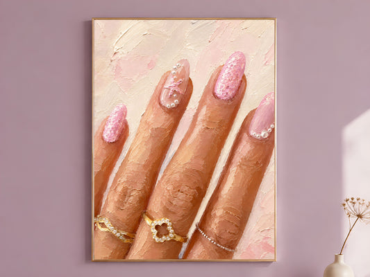  Manicure wall art print framed on a mauve wall, coquette pink nail art painting with gold rings