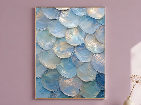 Iridescent capiz shell wall art print in pearl blue and lavender hanging in dusty mauve room
