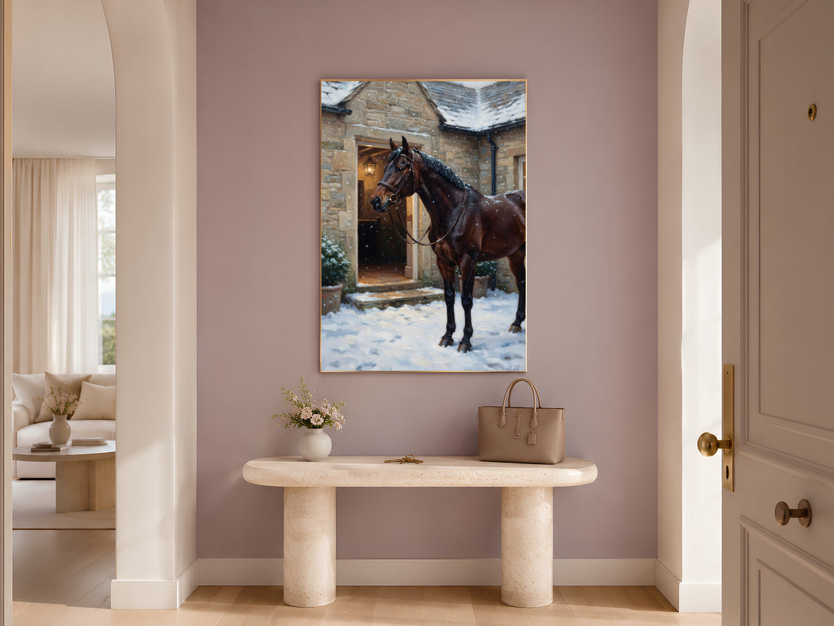 Equestrian Wall Art, Horse in Snow Oil Painting Print - Digital Download