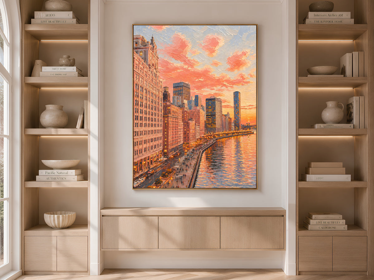 City skyline sunset print displayed between styled bookshelves