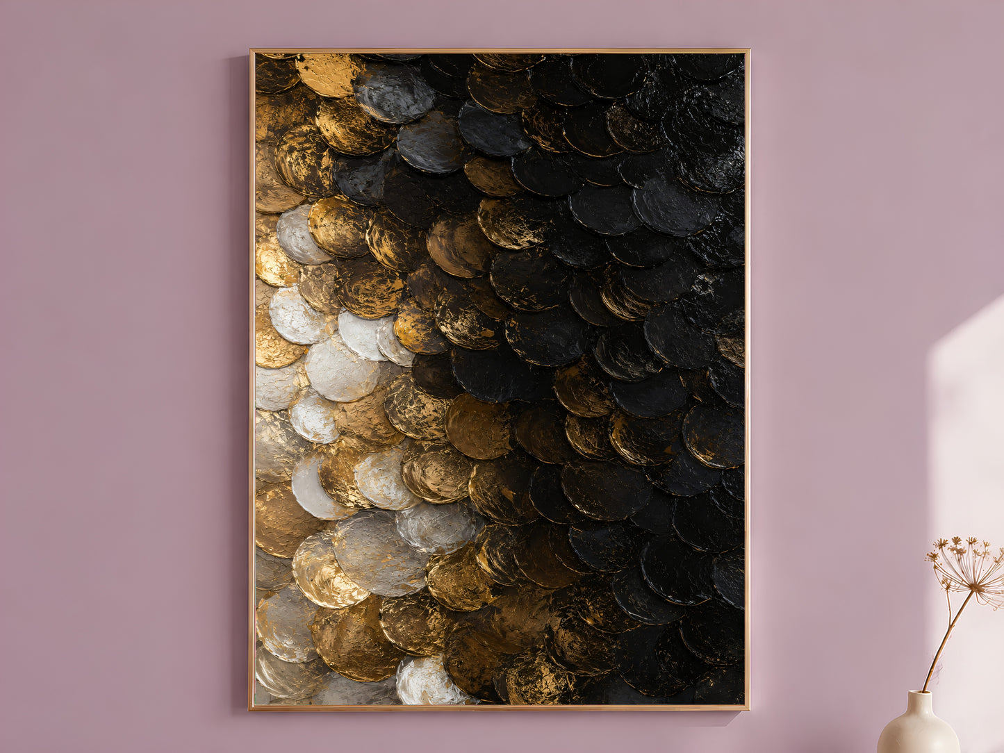 Black gold capiz shell wall art in gold frame on mauve pink wall with dried flowers
