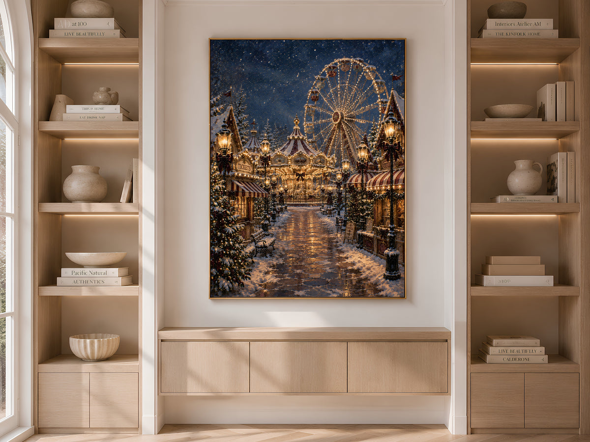 Christmas ferris wheel wall art framed on built-in bookshelves styled with books and vases