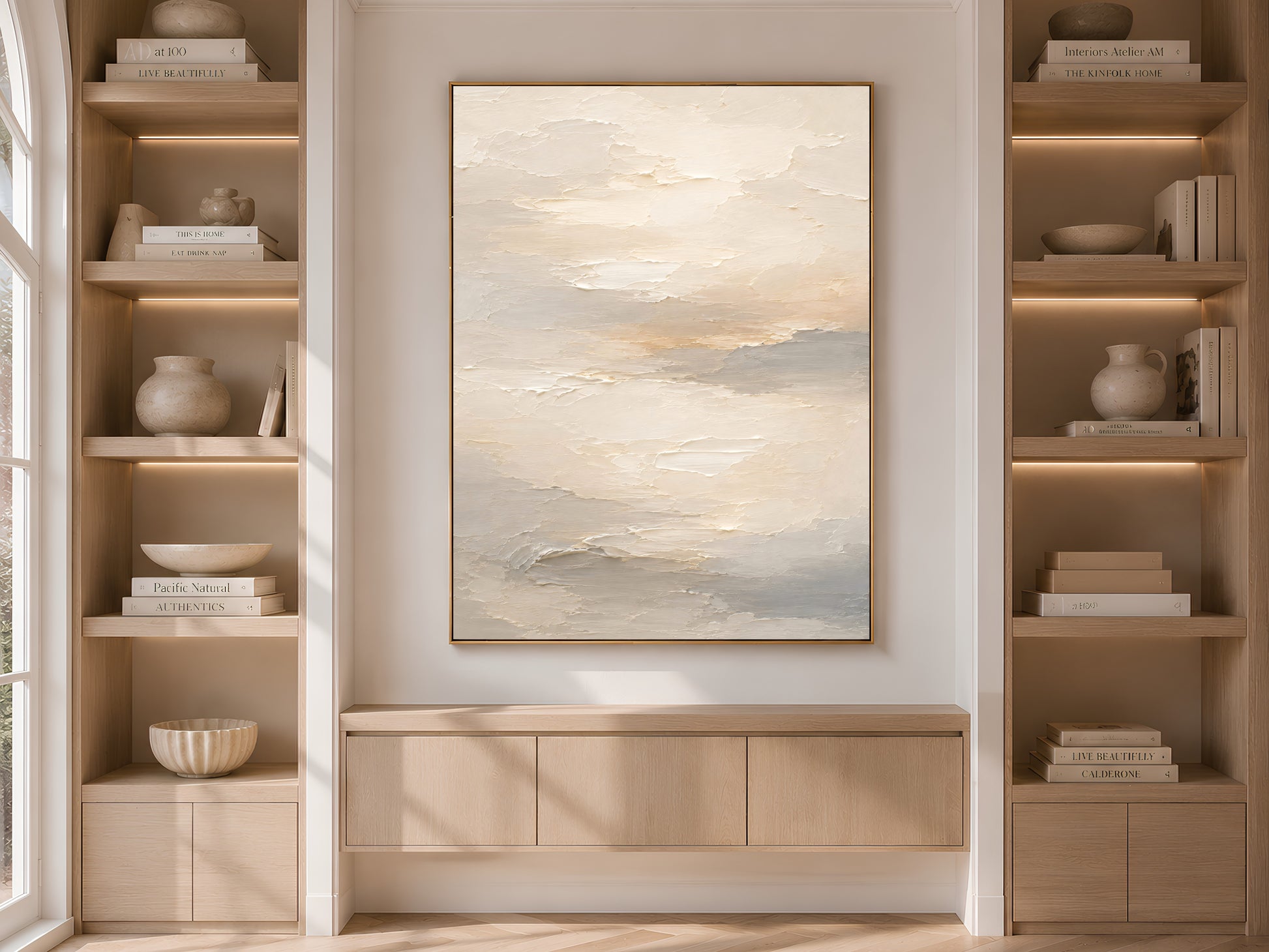 Neutral abstract wall art print displayed above a built-in cabinet between wooden bookshelves