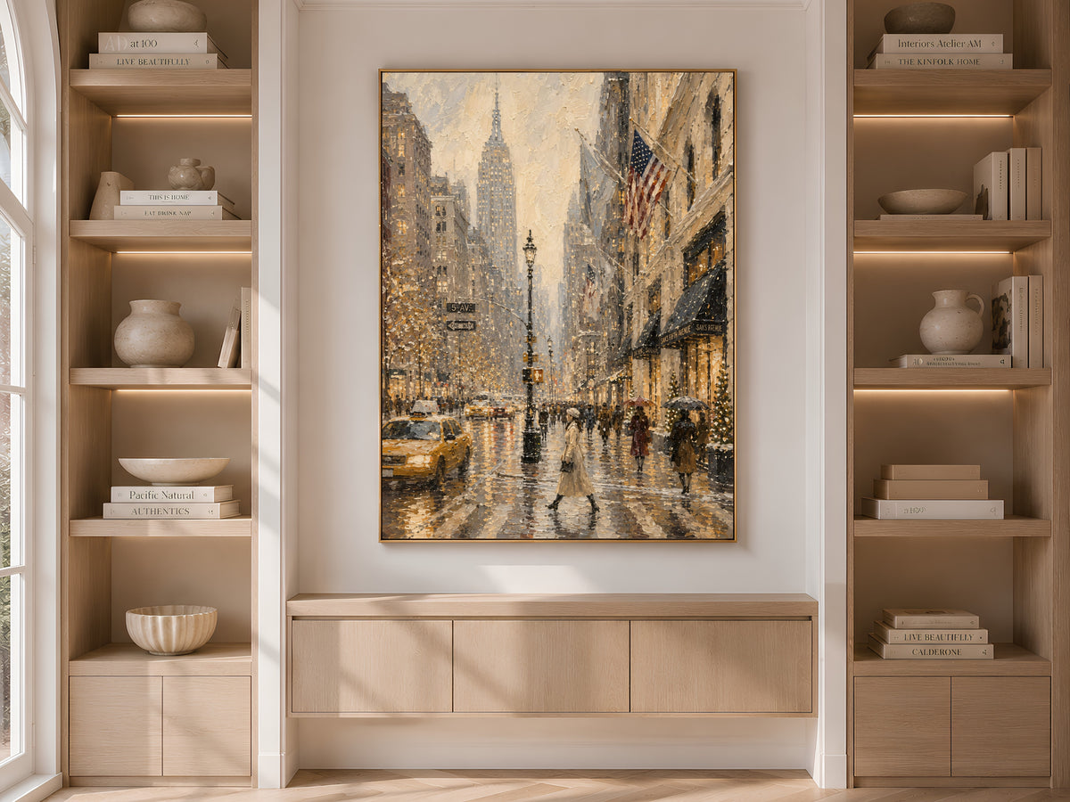 NYC wall art framed and displayed in built-in bookshelf nook with neutral decor and books