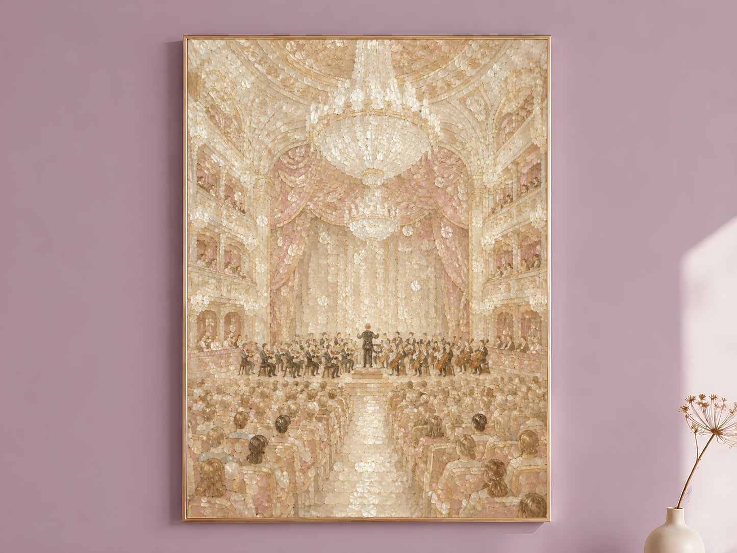 Pearl ivory orchestra concert hall wall art print hanging in dusty mauve room
