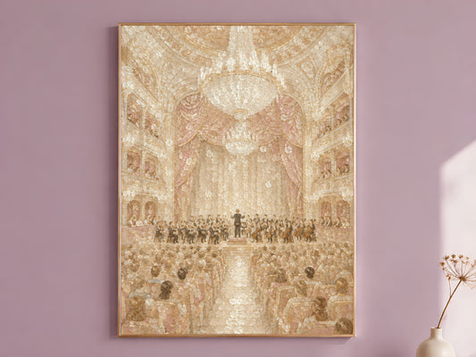 Pearl ivory orchestra concert hall wall art print hanging in dusty mauve room

