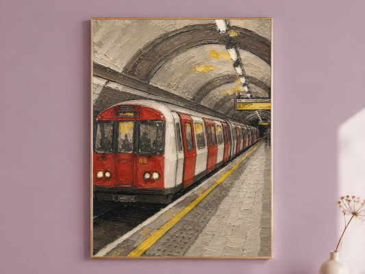 London Underground tube train wall art in a gold frame above a lilac wall, textured impasto painting of a red and white subway carriage
