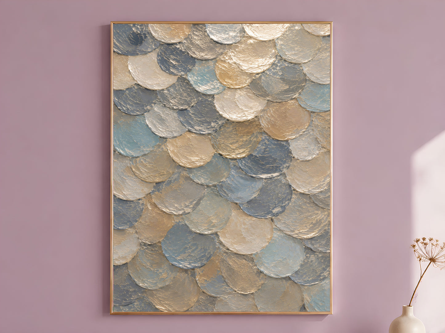 Blue gold capiz shell mosaic print in a thin gold frame, hanging on a dusty mauve wall
