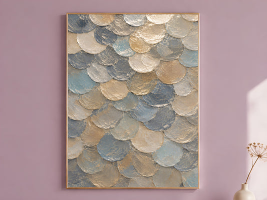 Blue gold capiz shell mosaic print in a thin gold frame, hanging on a dusty mauve wall
