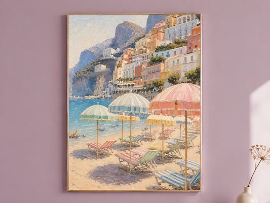 Positano beach umbrellas wall art print framed on a mauve wall, impasto oil painting of Amalfi coast Italy
