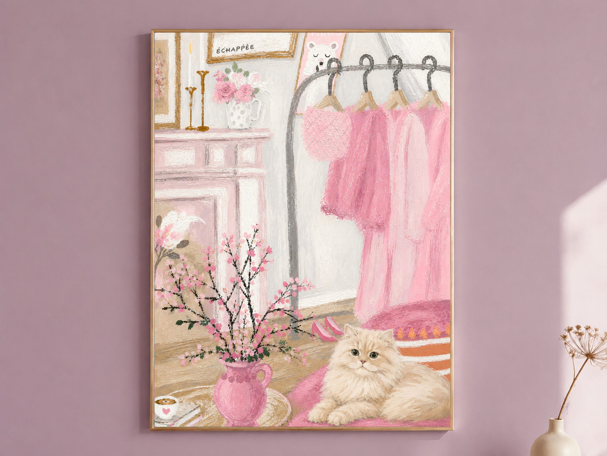 Pink Parisian bedroom illustration in gold frame hanging on dusty mauve wall
