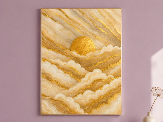 Gold marble abstract wall art print, boho sunrise painting with layered clouds, luxury Japandi digital download