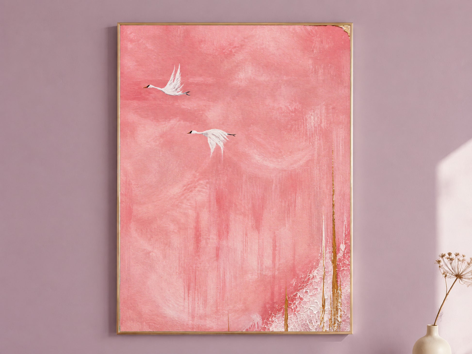 Flying cranes wall art print, two white cranes on pink sky Japandi painting, gold textured bird decor digital download