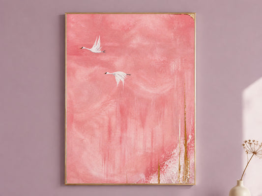 Flying cranes wall art print, two white cranes on pink sky Japandi painting, gold textured bird decor digital download