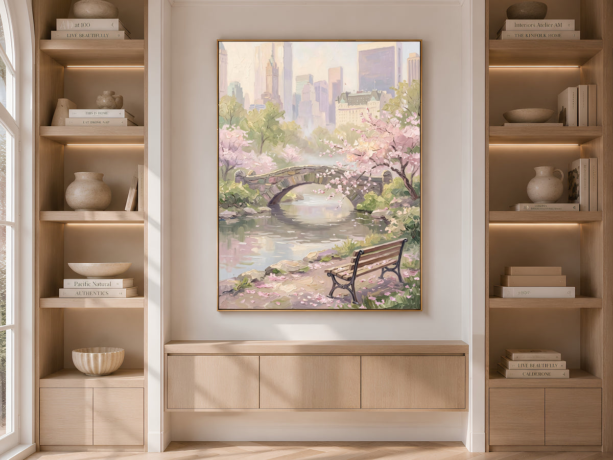 Central Park Cherry Blossom Print, Gapstow Bridge NYC Spring Wall Art - Digital Download