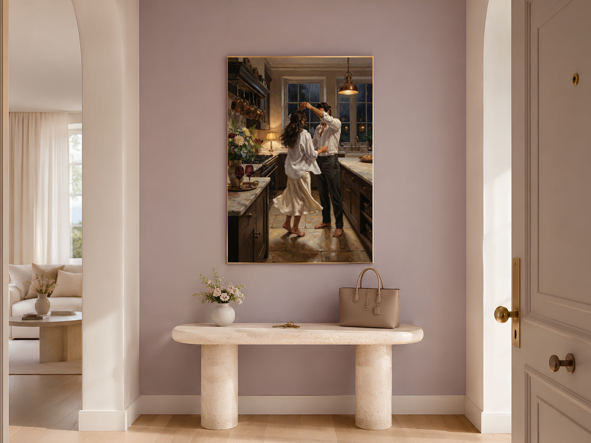 Couple Dancing Kitchen Painting, Romantic Rainy Night Wall Art - Digital Download
