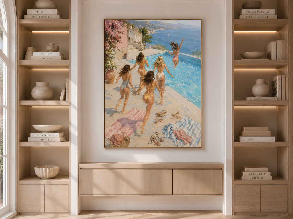 Girls trip infinity pool print framed and displayed in built-in wood shelving with books