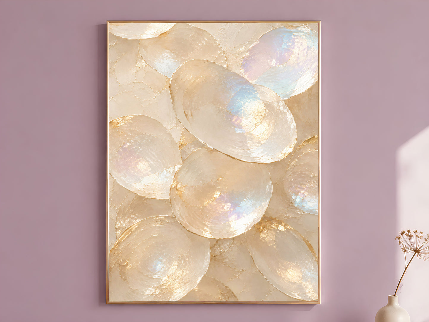 Oyster shell wall art print in pearl cream and gold hanging in dusty mauve room
