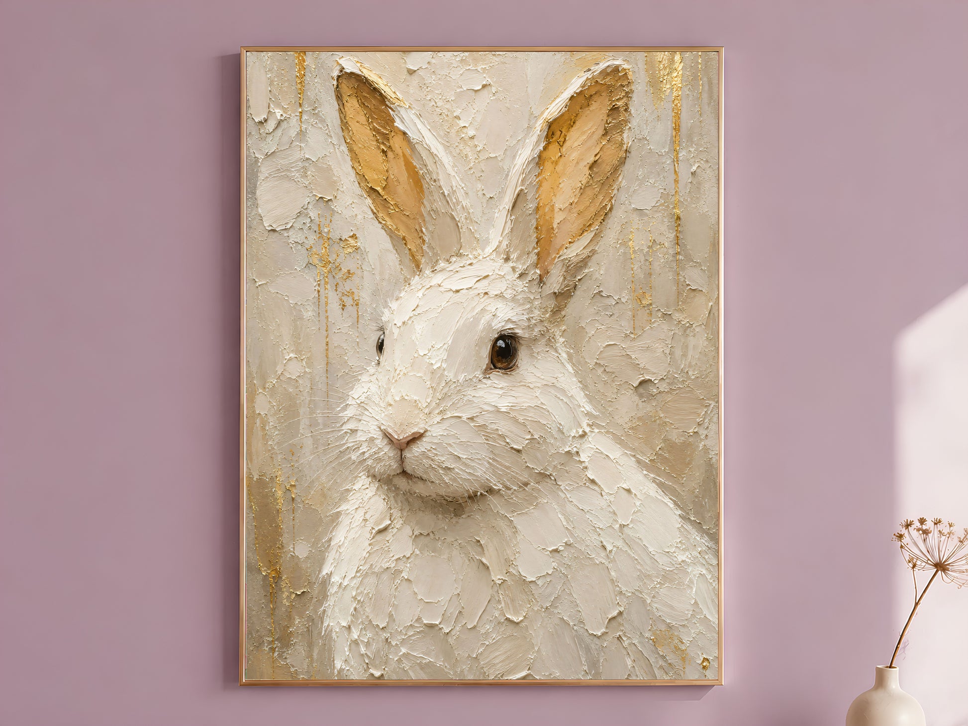 Impasto oil painting style white rabbit wall art print in a thin gold frame displayed against a dusty mauve wall, showing a soft white bunny portrait with gold leaf accents glowing inside the ears against a warm neutral background