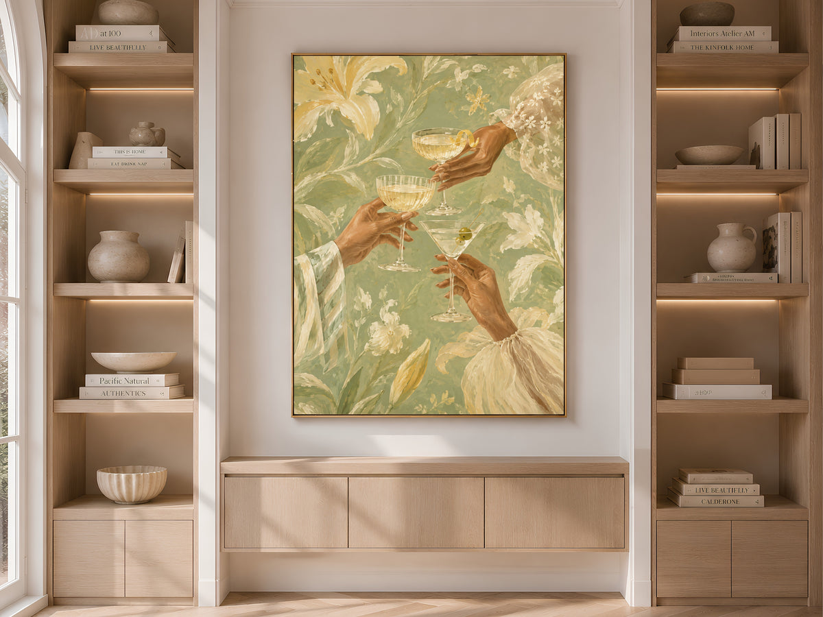 Cheers Cocktail Wall Art, Butter Yellow Floral Print - Digital Download