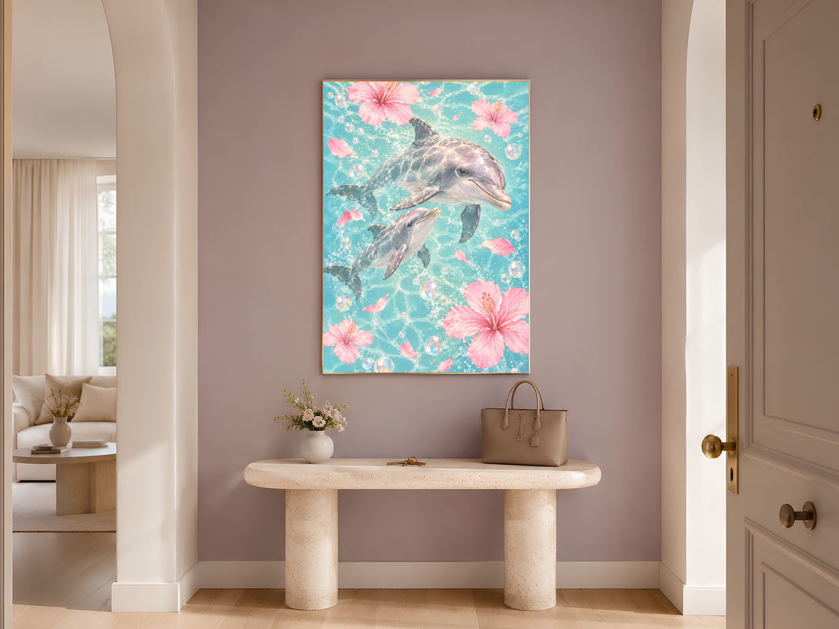 Dolphin Watercolor Wall Art, Mother Baby Dolphin Print - Digital Download