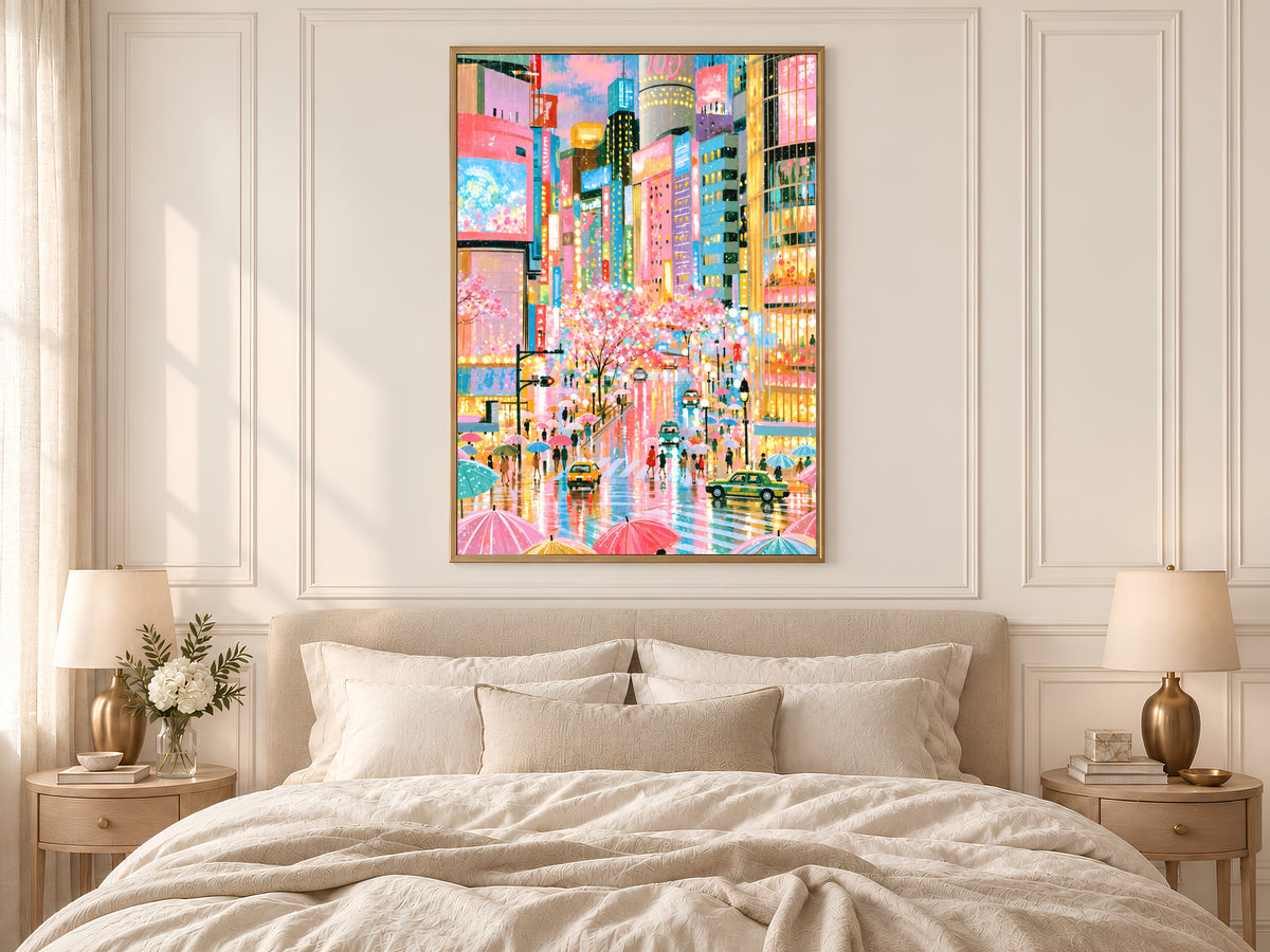 Tokyo Rain Cherry Blossom Wall Art, Pastel Shibuya Street Painting, Pink Japan City Print, Printable Digital Download
