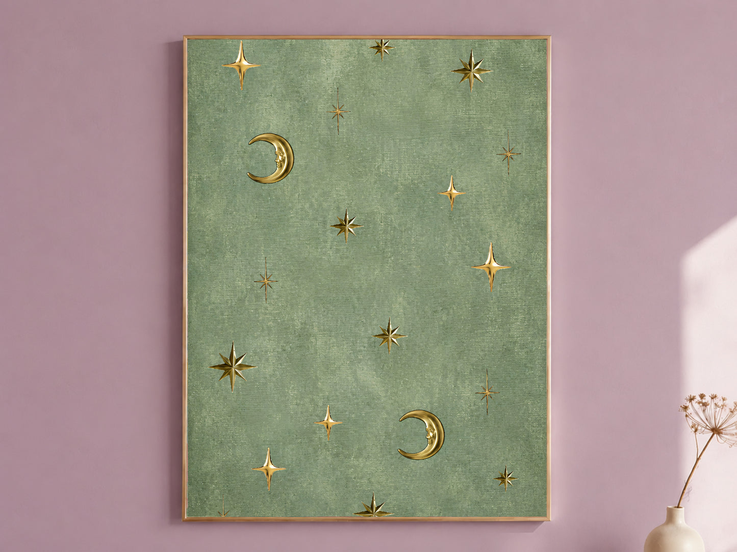 Vintage celestial moon and stars wall art print, gold crescent moon on sage green background, dark academia digital download