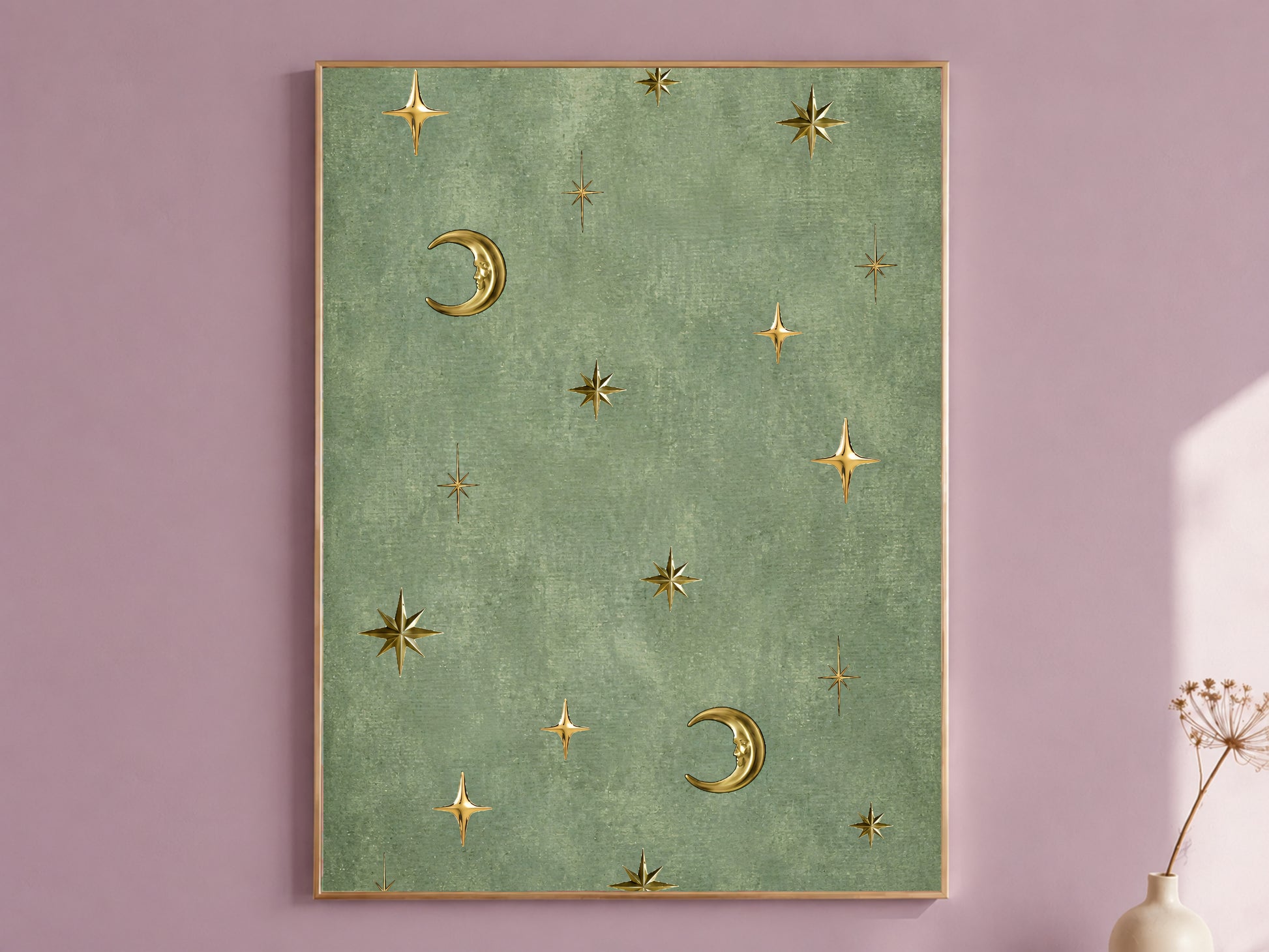 Vintage celestial moon and stars wall art print, gold crescent moon on sage green background, dark academia digital download