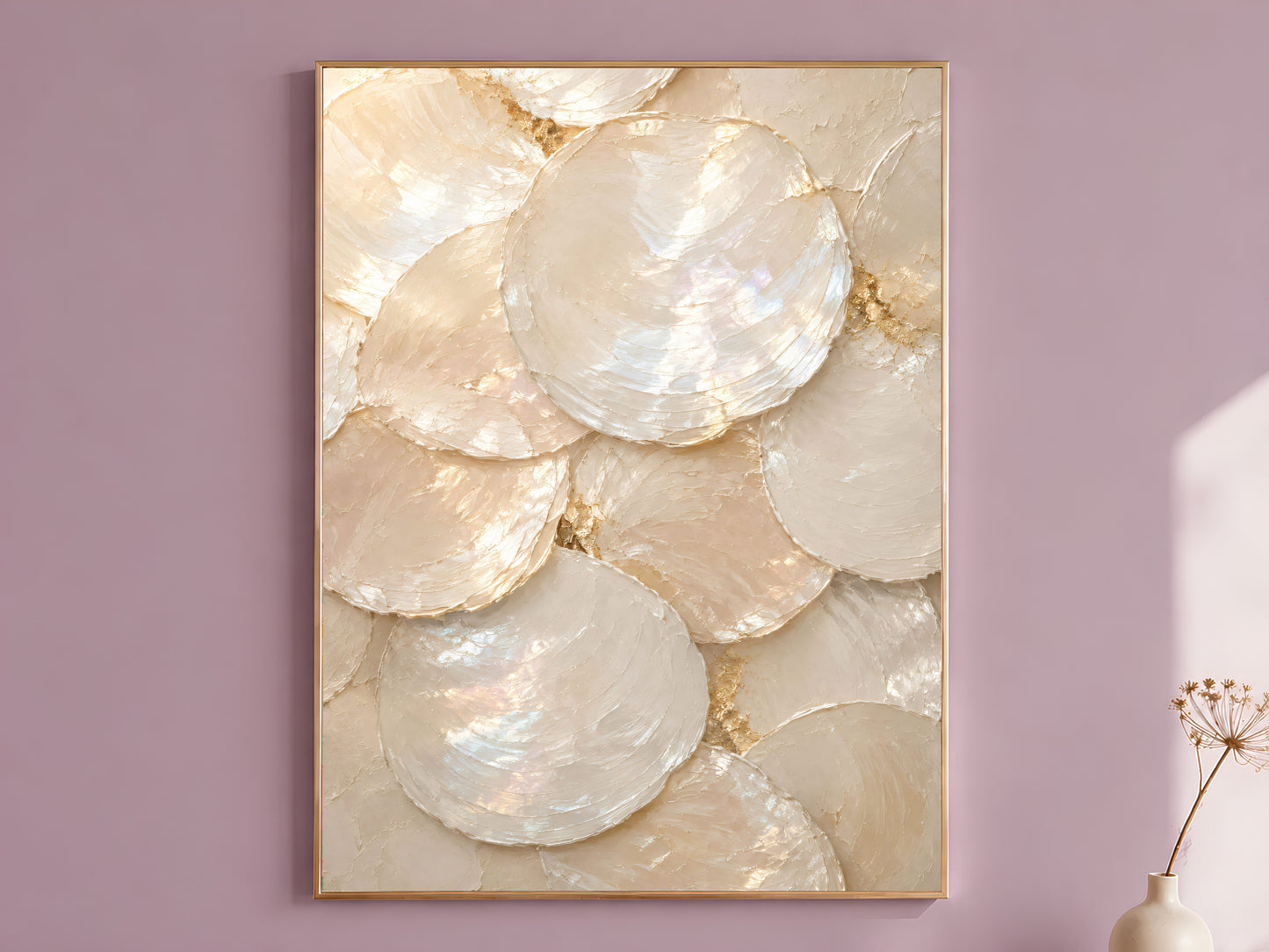Mother of pearl capiz shell wall art print in white and gold hanging in dusty mauve room
