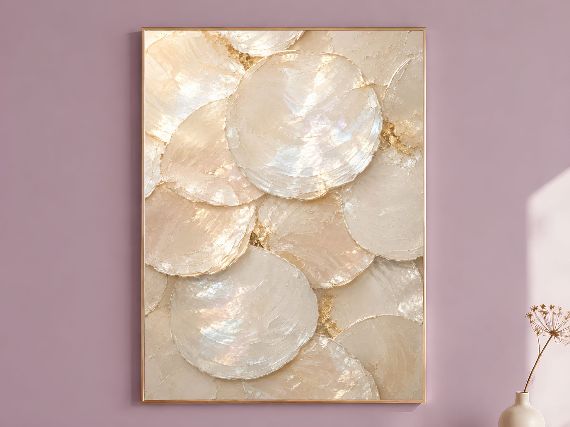 Mother of pearl capiz shell wall art print in white and gold hanging in dusty mauve room
