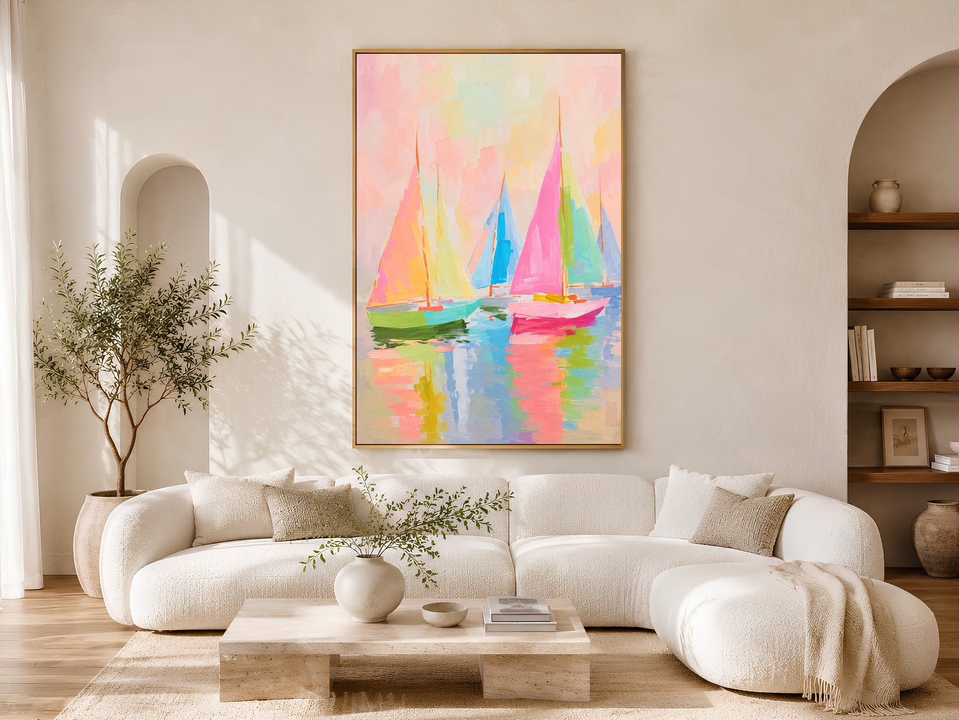 Framed impasto pastel sailboat wall art on warm white wall in minimal living room with curved cream sofa and arch window
