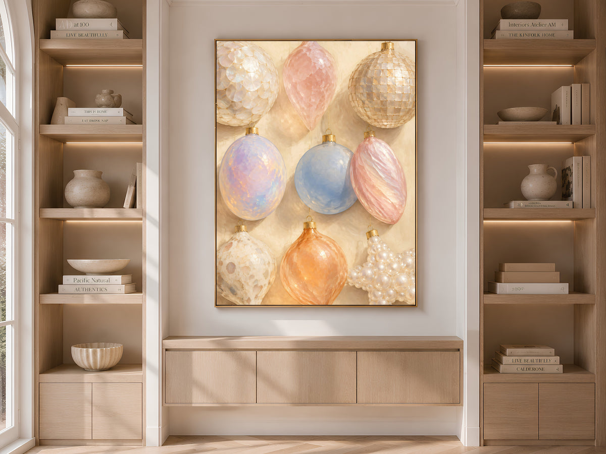 Iridescent Christmas ornament wall art framed and displayed in built-in wood shelving with books