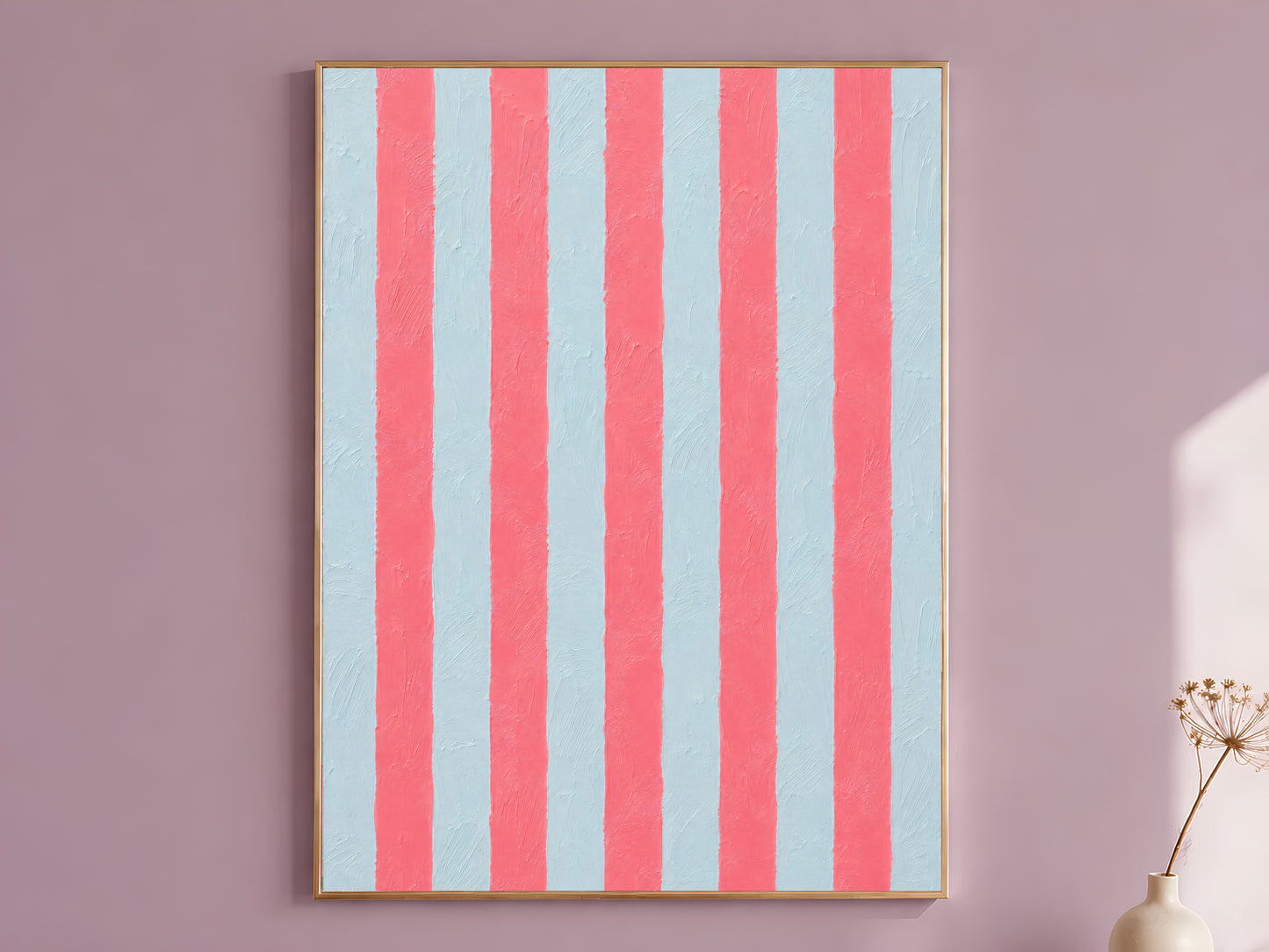 Pink and blue stripe wall art print framed on a mauve wall, abstract cabana print with impasto texture