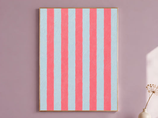 Pink and blue stripe wall art print framed on a mauve wall, abstract cabana print with impasto texture