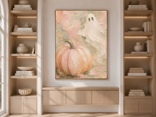 Pastel Halloween pumpkin wall art print displayed above a built-in cabinet between wooden bookshelves