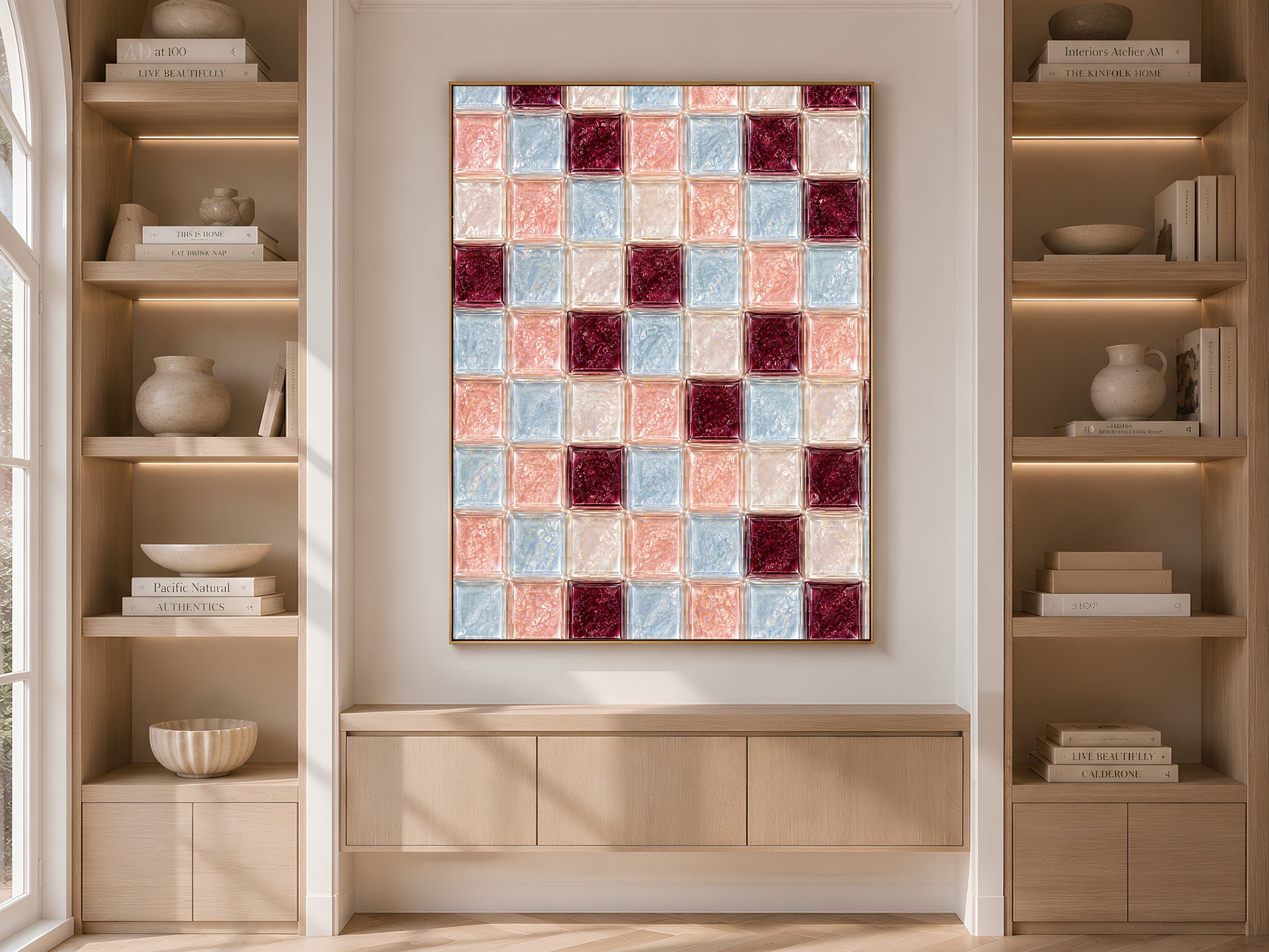 Powder blue checkerboard tile art framed on built-in shelving with books and decor