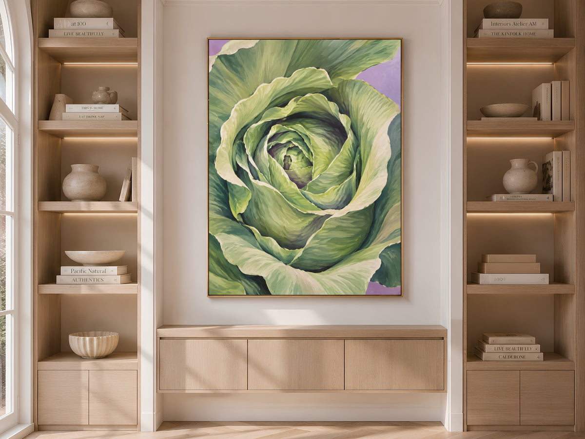 Cabbage wall art framed print in living room with bookshelf storage