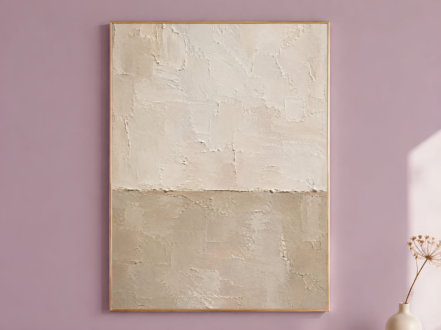 Wabi sabi wall art print in cream and taupe plaster texture hanging framed on a mauve wall, minimalist horizontal abstract
