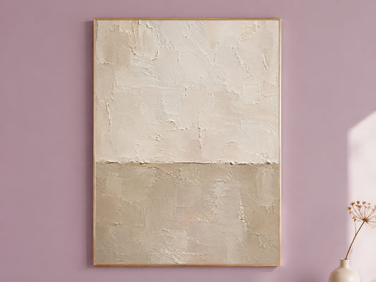 Wabi sabi wall art print in cream and taupe plaster texture hanging framed on a mauve wall, minimalist horizontal abstract
