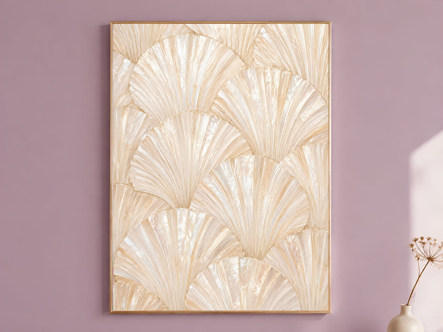 Cream gold leaf wall art in gold frame, dusty mauve wall, quiet luxury living room decor