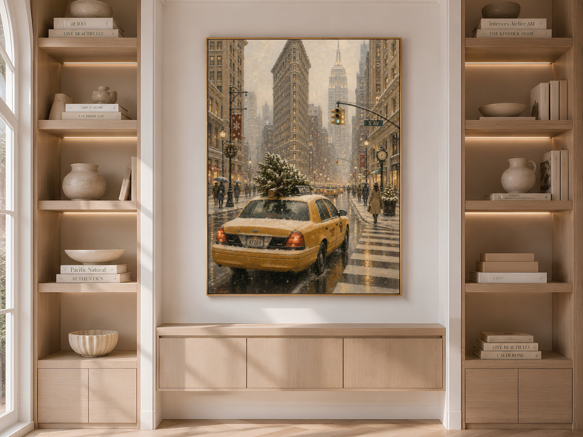 Flatiron Building NYC wall art framed and displayed in built-in bookshelf nook with neutral decor