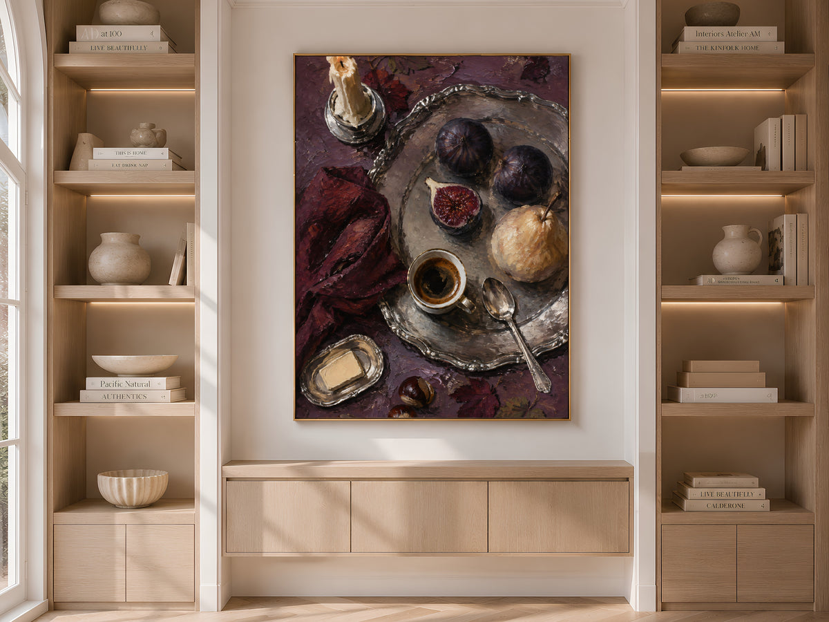 Moody fig and pear still life print framed in wood built-in bookshelf nook